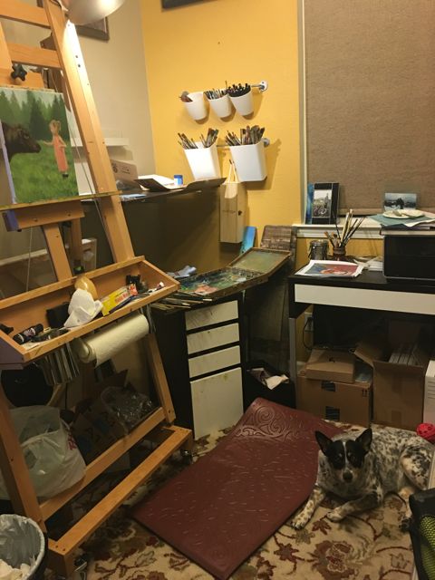 My messy studio, but what a sweet art companion keeping me company!