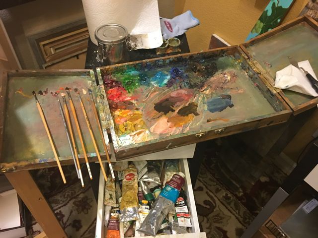 I like to have a big clean surface to work on. My palette gets cleaned off every night so I can work with fresh mixtures each day. Color mixing is one of my favorite parts.