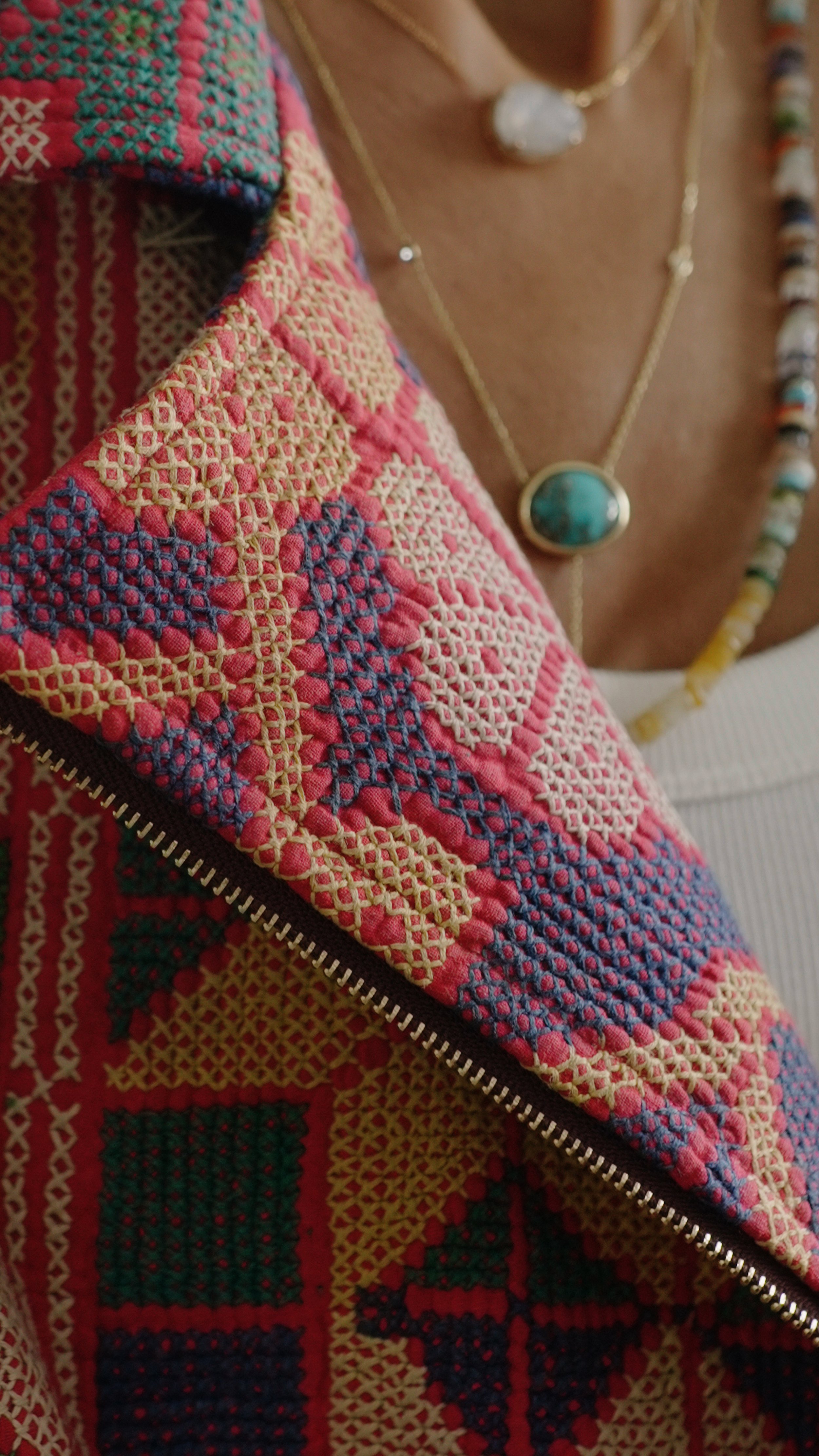 Close up of handmade kantha biker jacket.