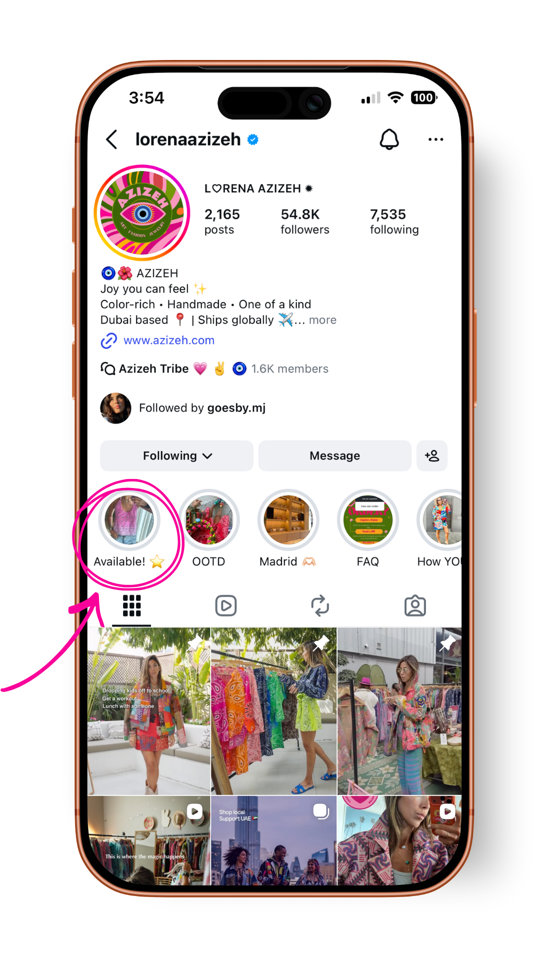 Iphone showing the lorenaazizeh instagram page, with an arrow pointing to a highlight where items can be found