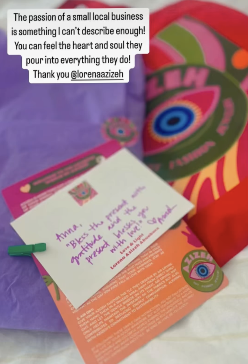 The packaging and hand written note from an Azizeh shipment