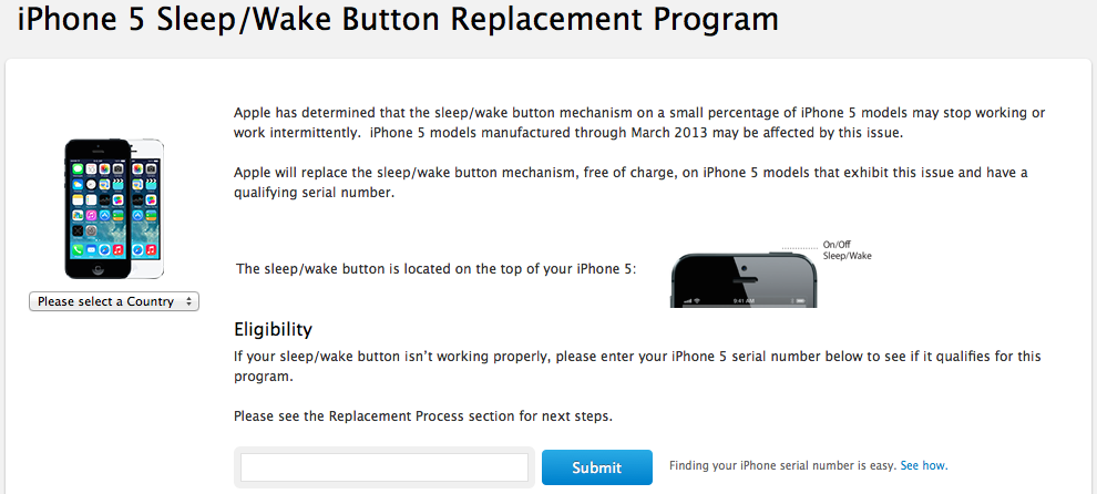 Looking for information on Apple's iPhone 5 Sleep/Wake button replacement program? You're on your way. Click here to go there. 