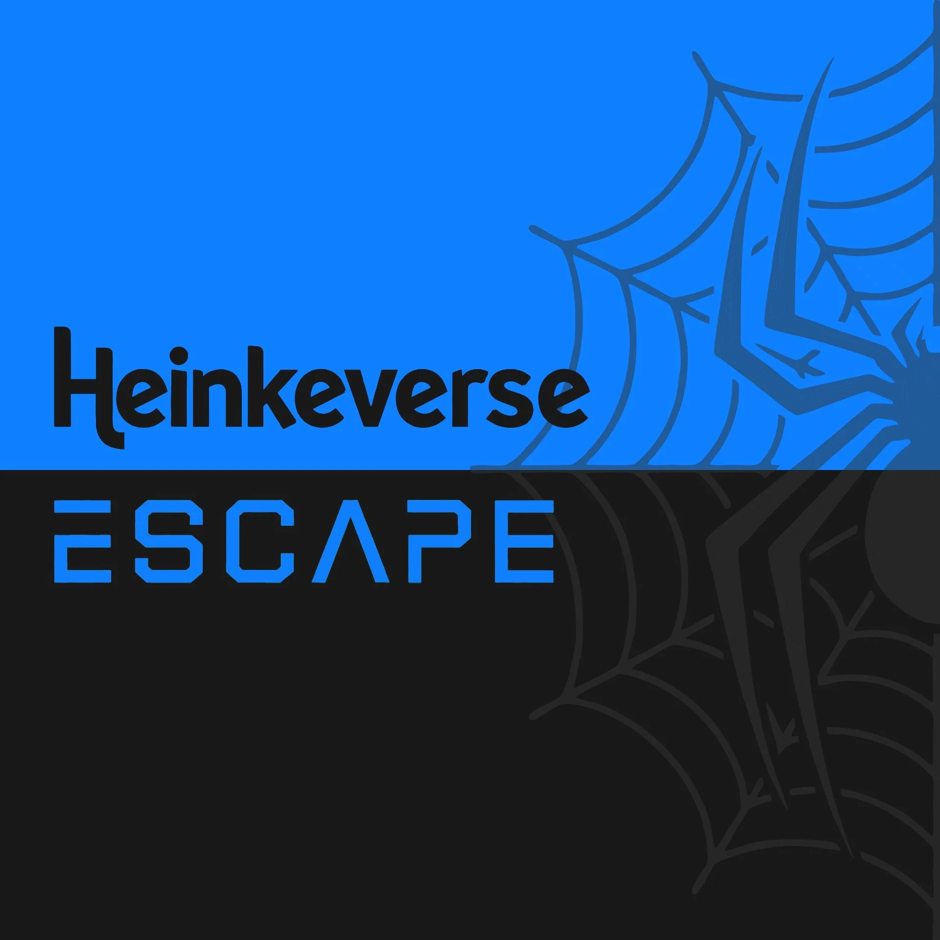 Logo for Heinkverse Escape with a blue and black background, featuring a spider web design in the corner.