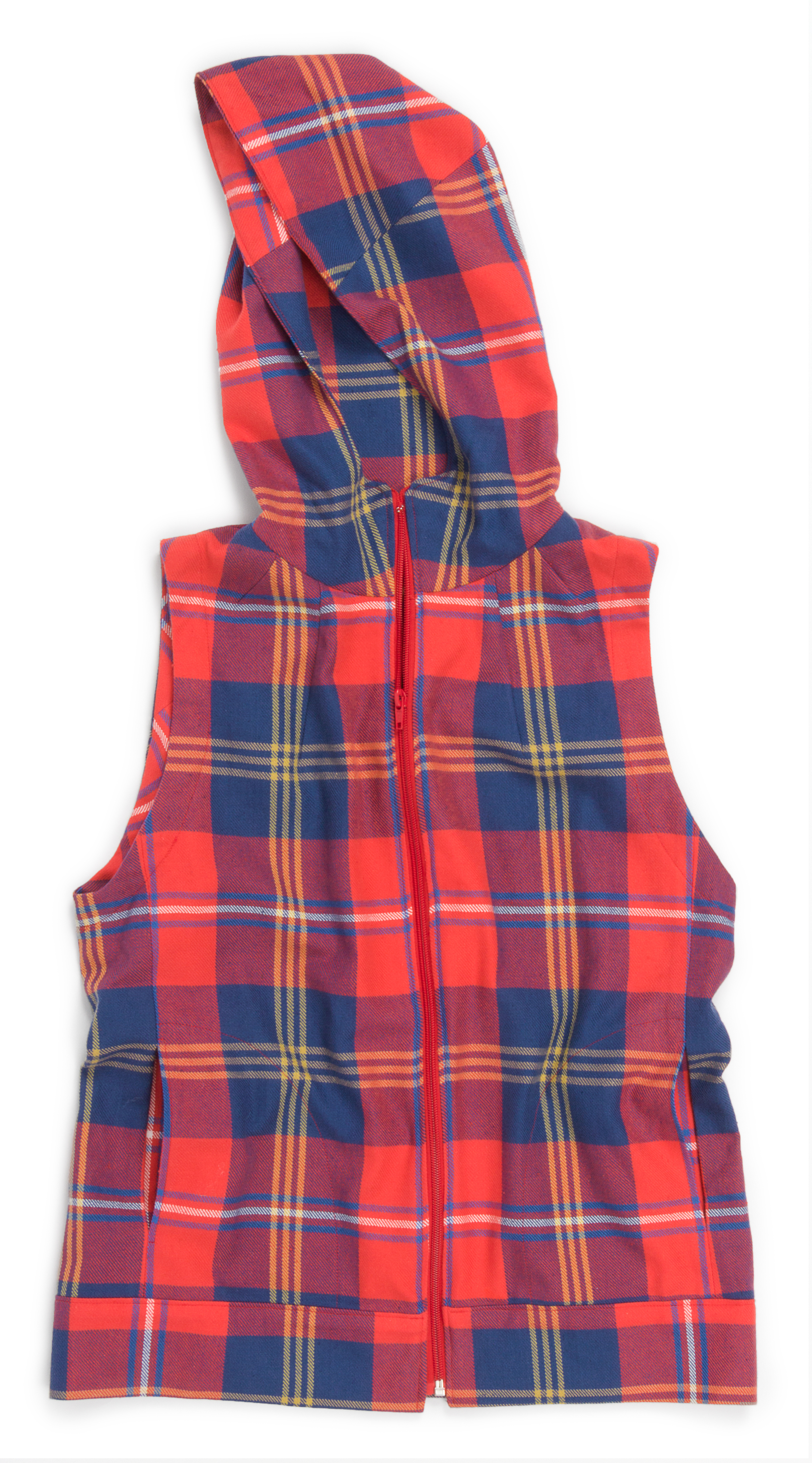 Dropje Hooded Vest designed by Waffle Patterns , made by Samantha Lindgren , features Grizzly Plaid ( SRK-16417-3 RED)