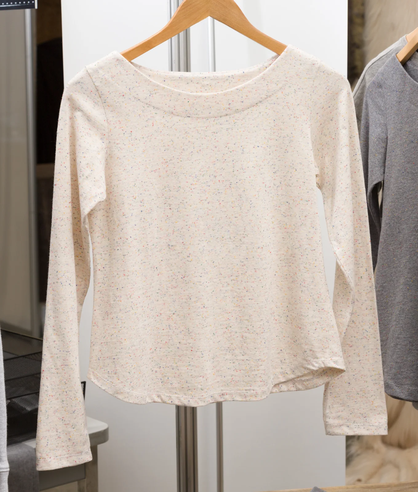 Shoreline Boatneck Tee designed by Blank Slate Patterns , made by Devon Iott, featuring Speckle Cotton Jersey (S417-1242 NATURAL)