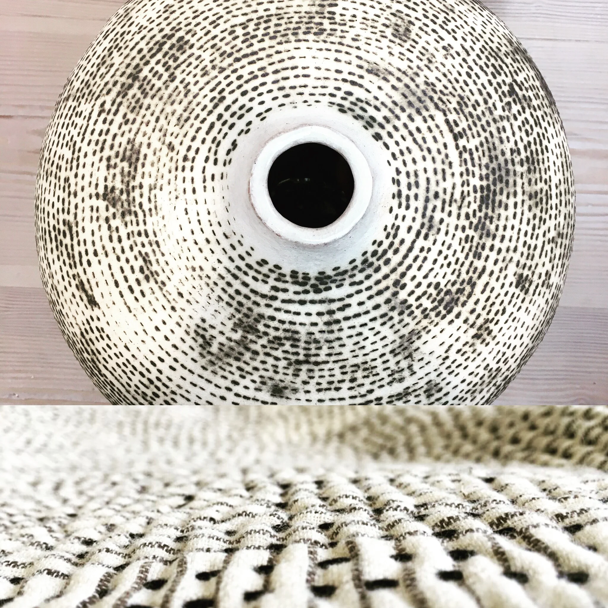 Eva Brandt ceramic jar and detail of kantha stitching on our Chindi quilt