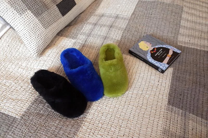 Tracey's new shearling slippers on Stitch by Stitch Chindi Quilt