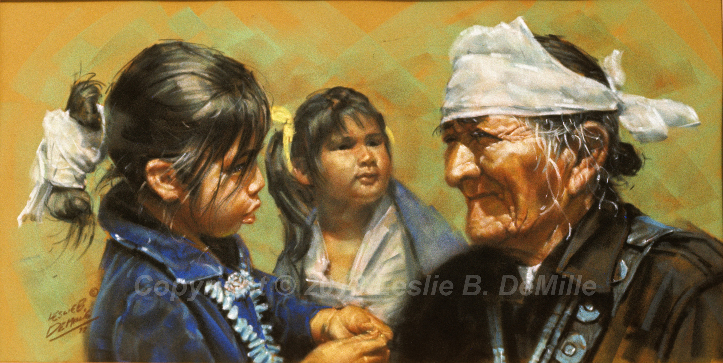 Medicine Man with Children, Pastel (20x10)