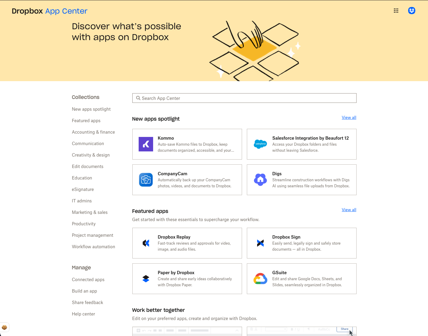 Screenshot of the view above the fold of the Dropbox App Center landing page experience. A banner across the top reads Discover what's possible with apps on Dropbox" Below that a selection of third and first-party apps are featured with descriptions.