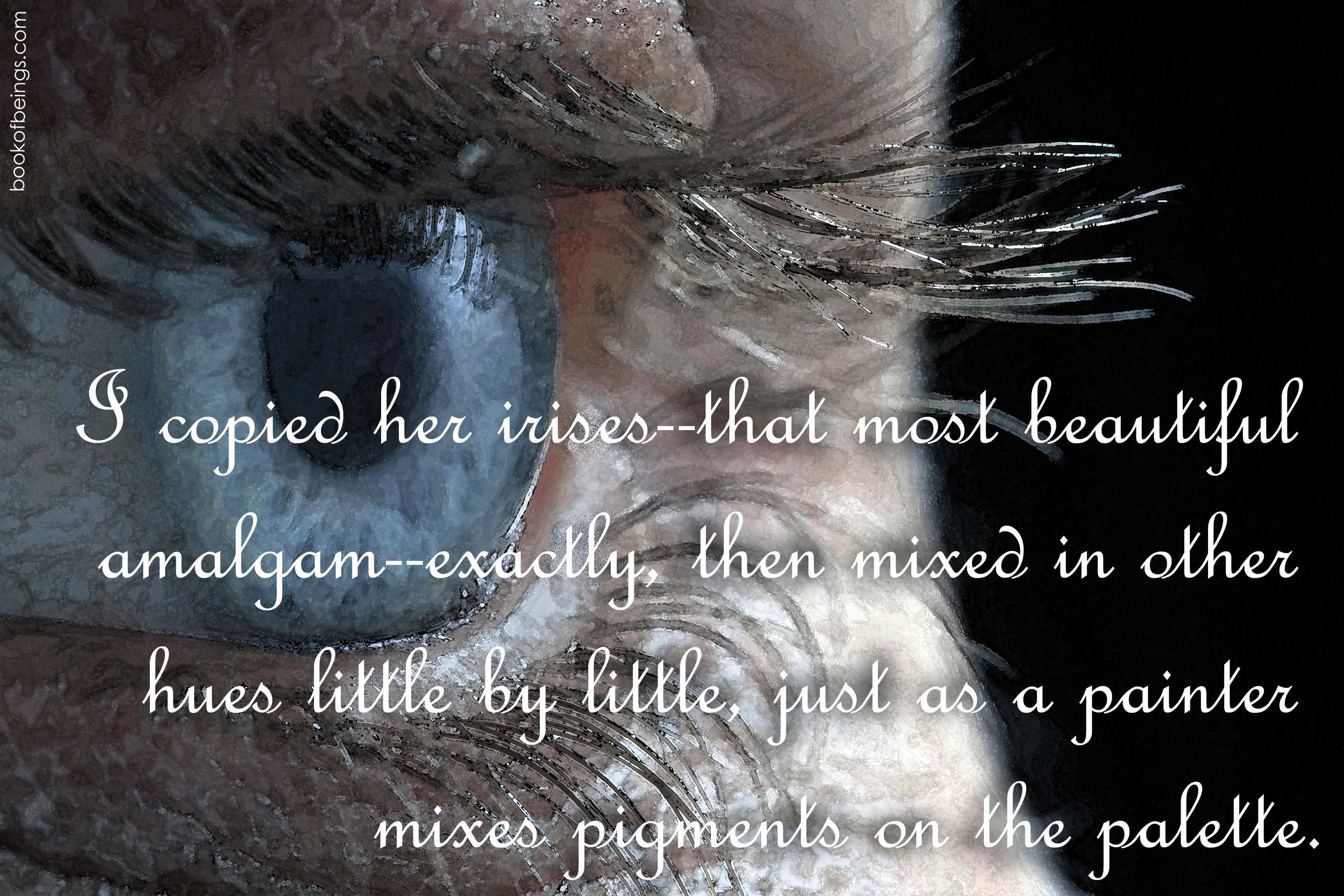 from the prologue I copied her irises--that most beautiful amalgam--exactly, then mixed in other hues little by little, just as a painter mixes pigments on the palette. The Book of Beings Read-Along at bookofbeings.com .