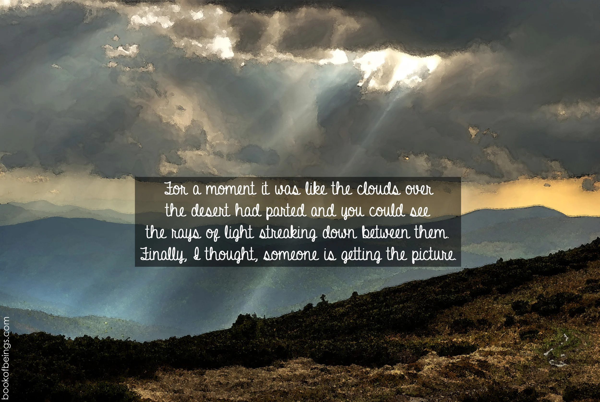 from Chapter 15 For a moment it was like the clouds over the desert had parted and you could see the rays of light streaking down between them. Finally, I thought, someone is getting the picture. The Book of Beings Read-Along at bookofbeings.com