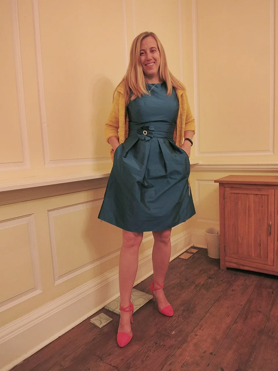 Over the top: I decided to wear the MOH dress from my BFF Lisa's wedding this summer. If you look closely, my left sleeve isn't quite finished. The ball of yarn is in my pocket!