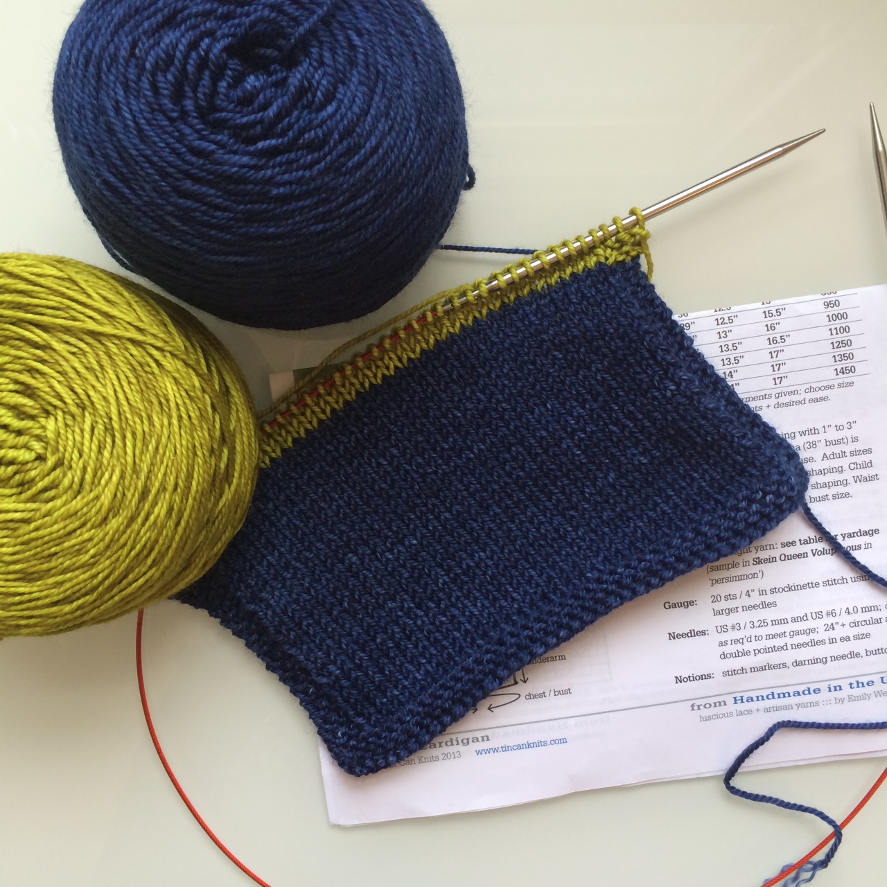 SweetGeorgia Superwash DK in Nightshade and Pistachio. I'm not quite on gauge here so I think I'll pull pack the pistachio section and reknit that bit with a slightly larger needle and see how I get on.