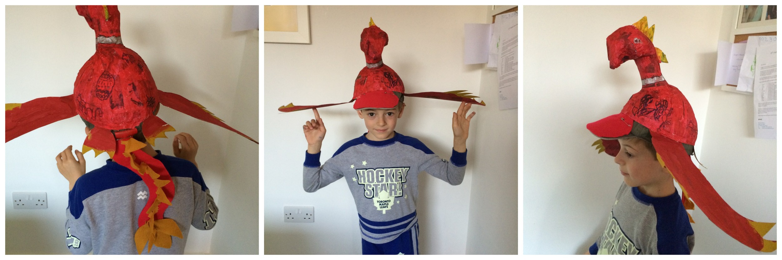 The finished Easter dragon hat in all it's glory ready for the parade at school!