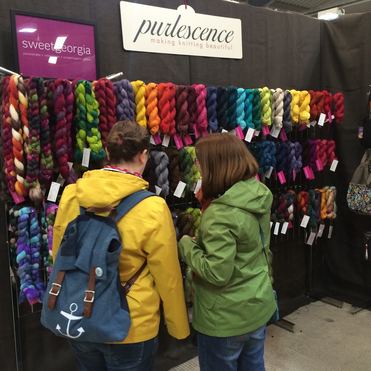 The rainbow of SweetGeorgia colour was proudly on display at the Purlescence booth.