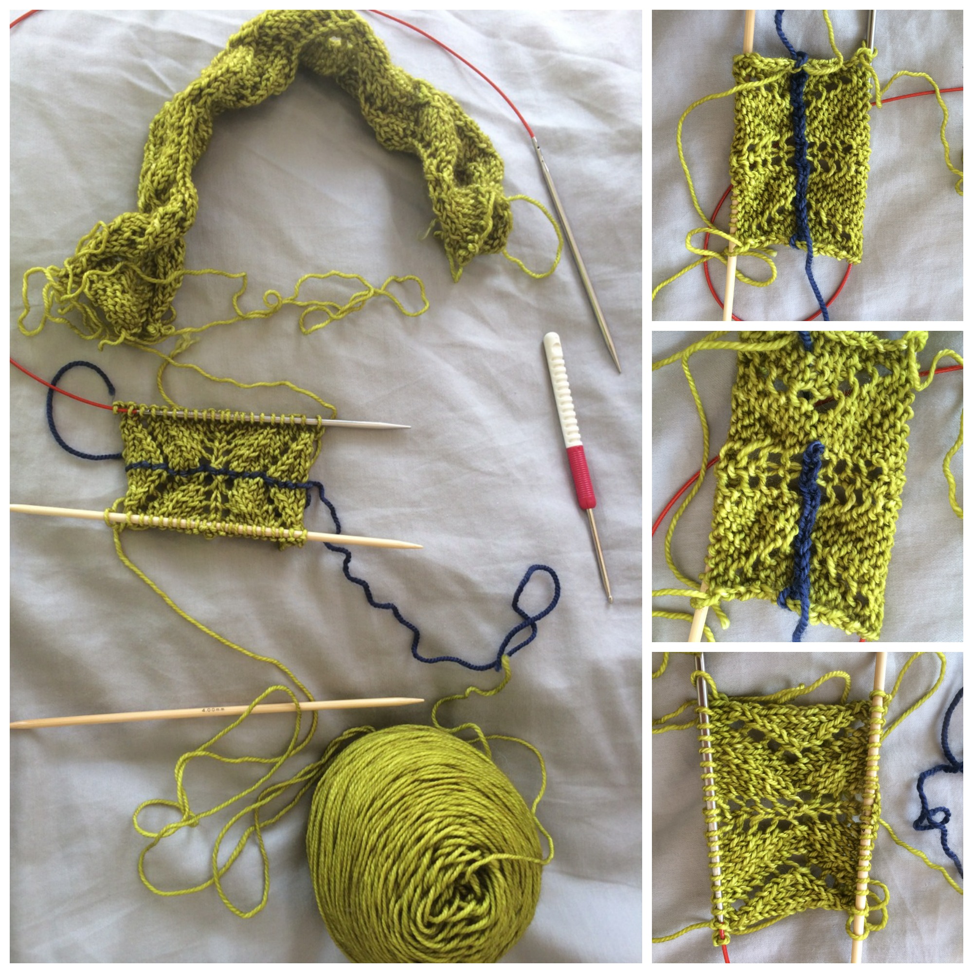 Top left: you can see the original half panel that I'd knit then completely buggered. When I started again I made it rather more complicated by slipping the provisional stitches only another needle almost immediate, then knitting from both sides for a bit before removing the waste yarn to confirm that everything was "as it should be".