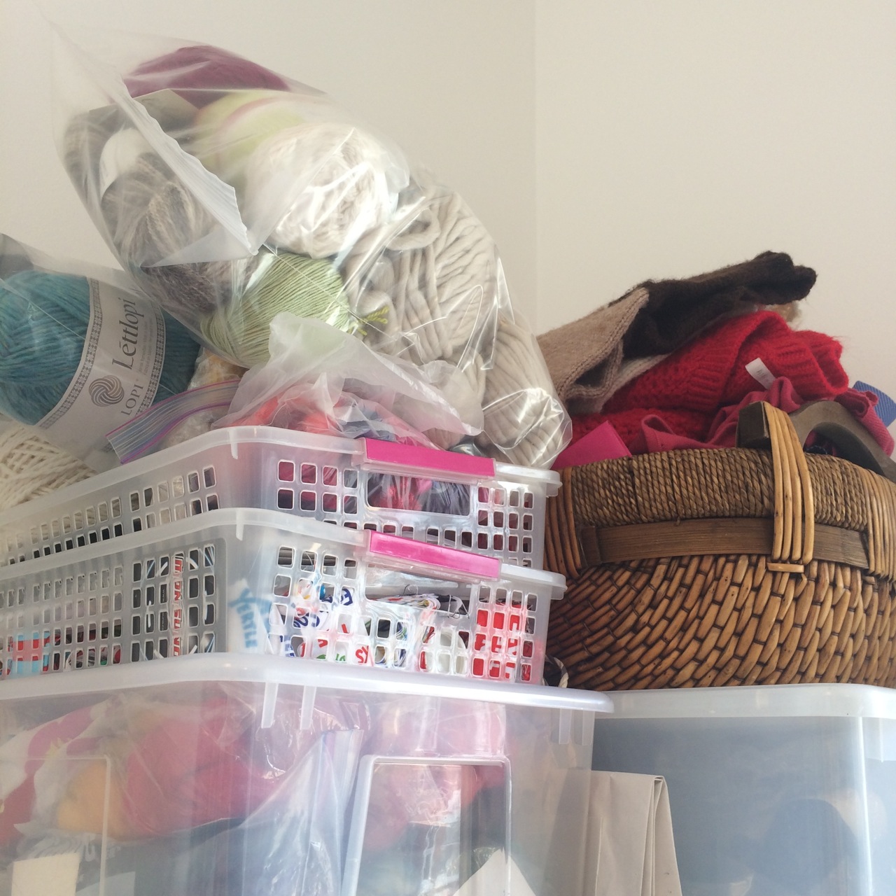 The pile o' WIPs. Sitting on top of the spinning WIP box, next to the mending on top of the knitting WIP box.