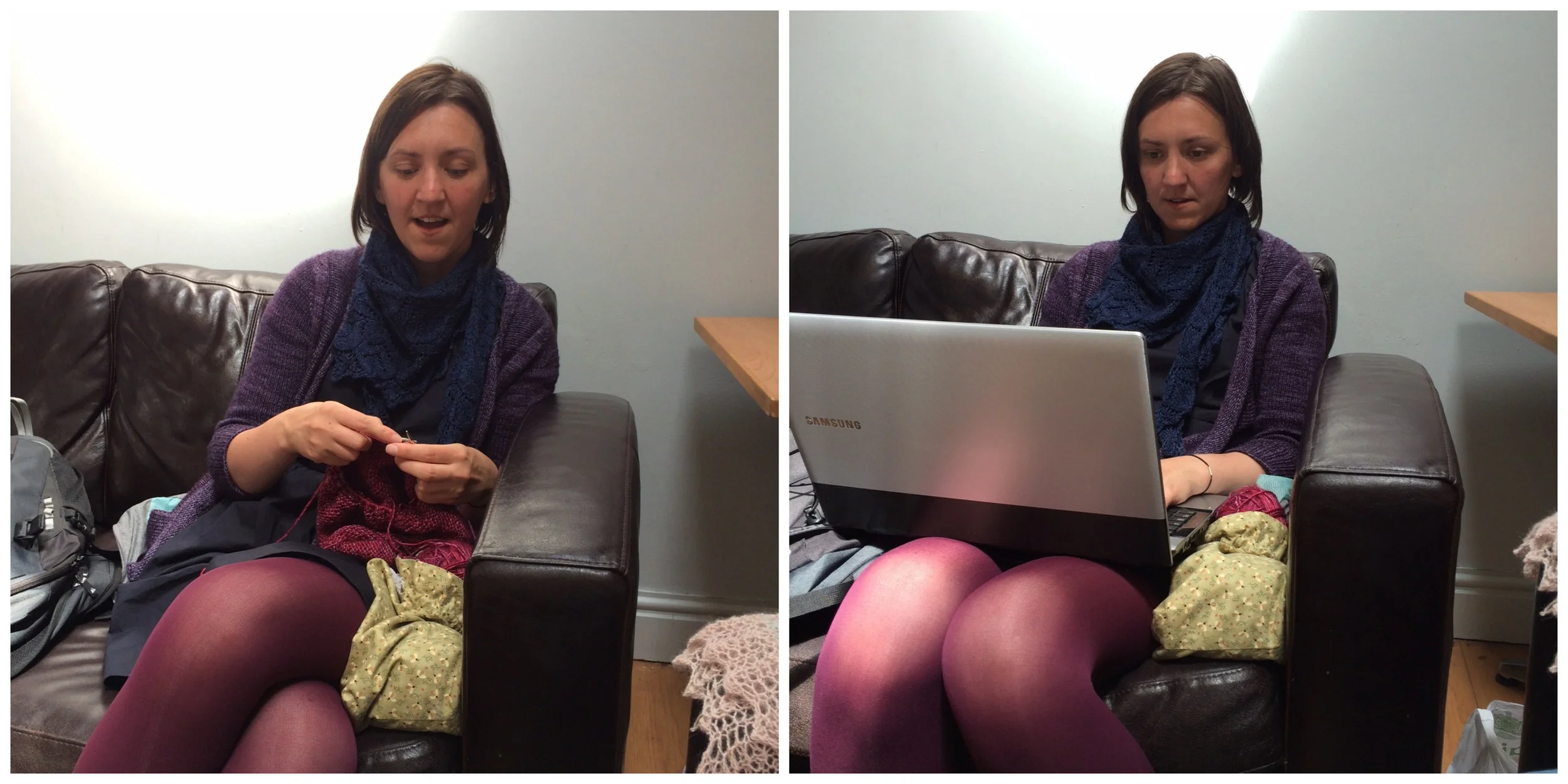 The lovely Dani sneaking in some knitting time (and work!) during a pre-Unwind visit with Rach and I in the spring.