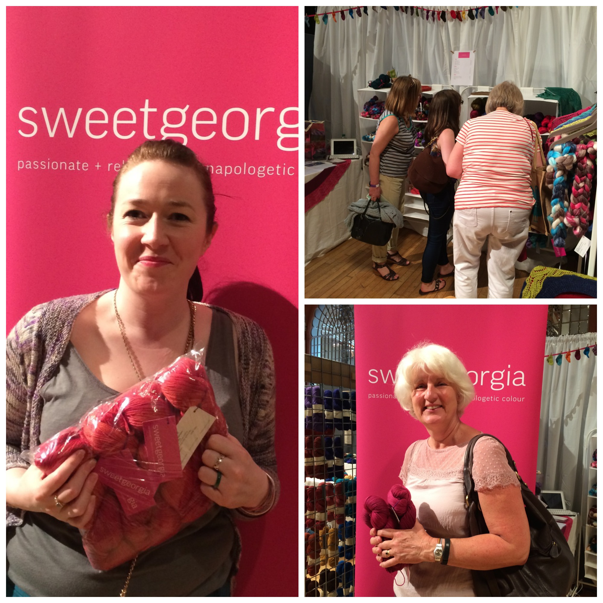 Clockwise from top right: happy knitters in the SweetGeorgia booth, Catherine gets some delicious yarn for a new project, a very chuffed knitter with a sweater's worth of Tough Love Sock.