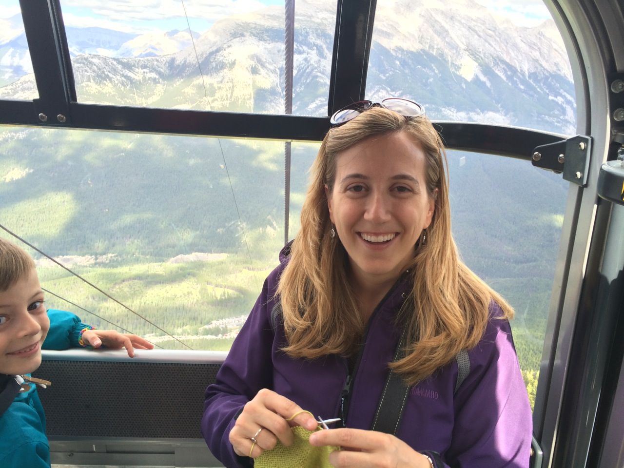 Knitting taking me to great heights: on the Sulphur Mountain Gondola in Banff National Park. The queue for the ride down the mountain was a solid hour. Good thing I had my knitting with me!