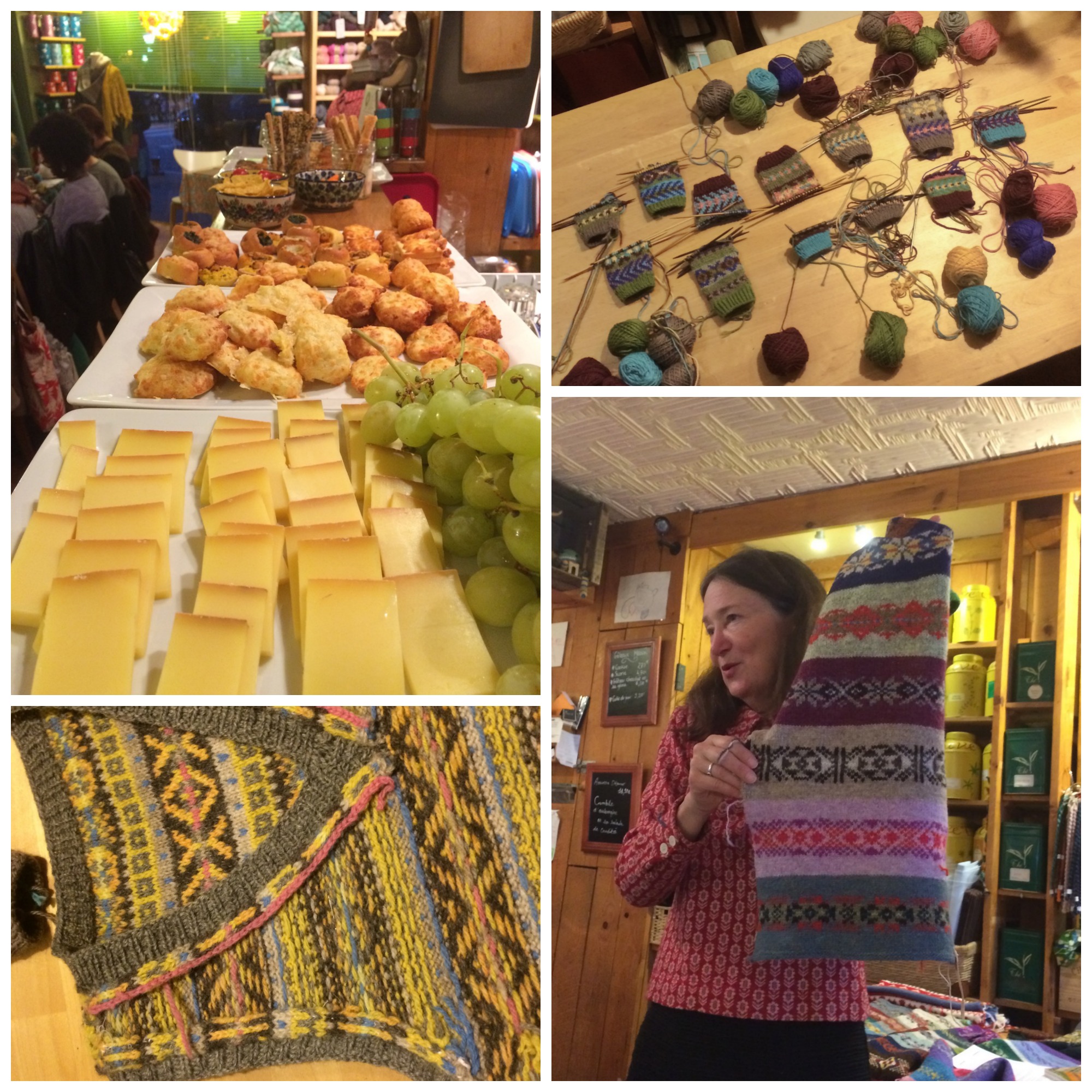 Clockwise from top left: a spread of snacks to keep us going through the class, comparing cuffs at the end of the evening, Mary Jane talks about colour theory with example swatches from her book, and the inside of the fair isle vest from Mary Jane's Craftsy class - almost as pretty as the outside!