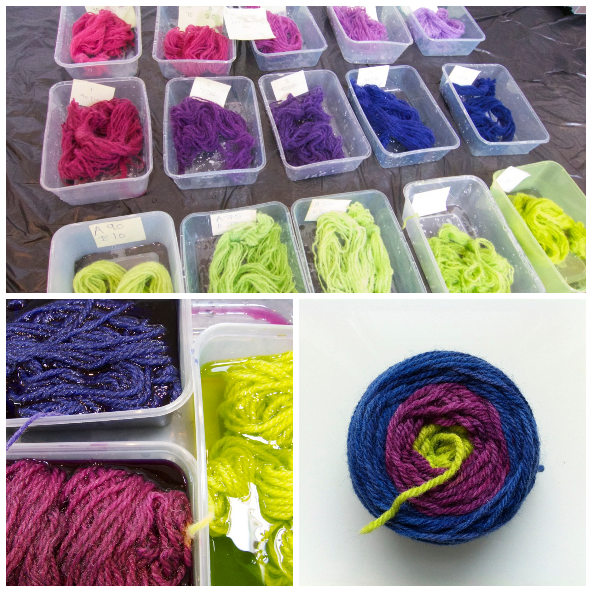 My result from the dye workshop at TOFT - a lovely bulls-eye yarn.