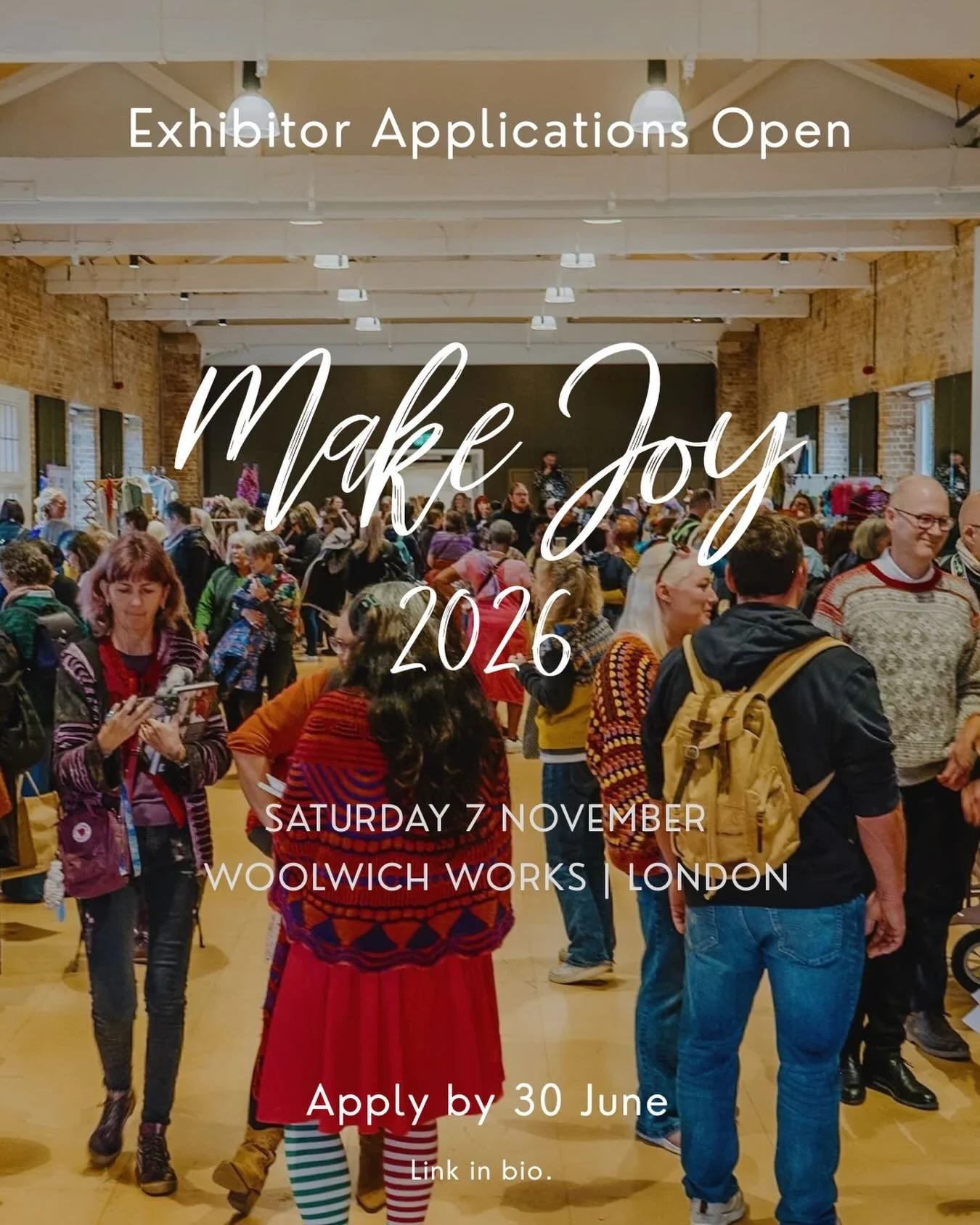Calling all makers!! 🧶 

Want to exhibit at Make Joy 2026? Applications are open now! We&rsquo;re curating a brilliant mix of yarn, makes, and notions for our one-day festival at Woolwich Works, London on Saturday 7 November. Head to the link in bio