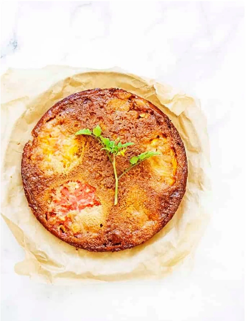 BEAUTIFUL FOOD BY DESIGN | Tomato Upside-Down Cake, what could be simpler &amp; sweeter? A light cornmeal cake topped with a buttery-brown sugar crust, encrusting sweet slices of heirloom tomatoes. This is a unique must-try recipe, with very pleasing