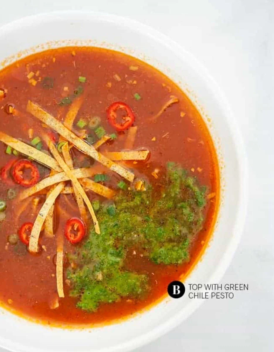 BEAUTIFUL FOOD BY DESIGN | Happy Cinco de Mayo | Tortilla Soup with Green Chile Pesto is a feel-good bowl you can feel good about. Quick&ndash;it cooks up in about 15 minutes. Light&ndash;the soup&rsquo;s signature tortilla strips are baked, not frie