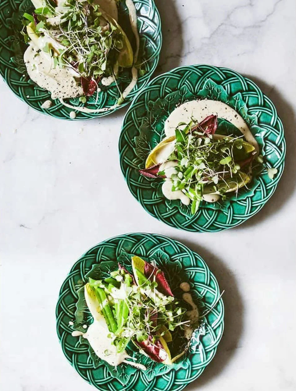 BEAUTIFUL FOOD BY DESIGN | Sugar Snap Peas &amp; Endive with Creamy Romano Dressing
This salad is a great balance of sweet crisp from the peas, bitter crunch from the endive, and creamy salty via the cheesy dressing. 
I adjusted the recipe lightly an