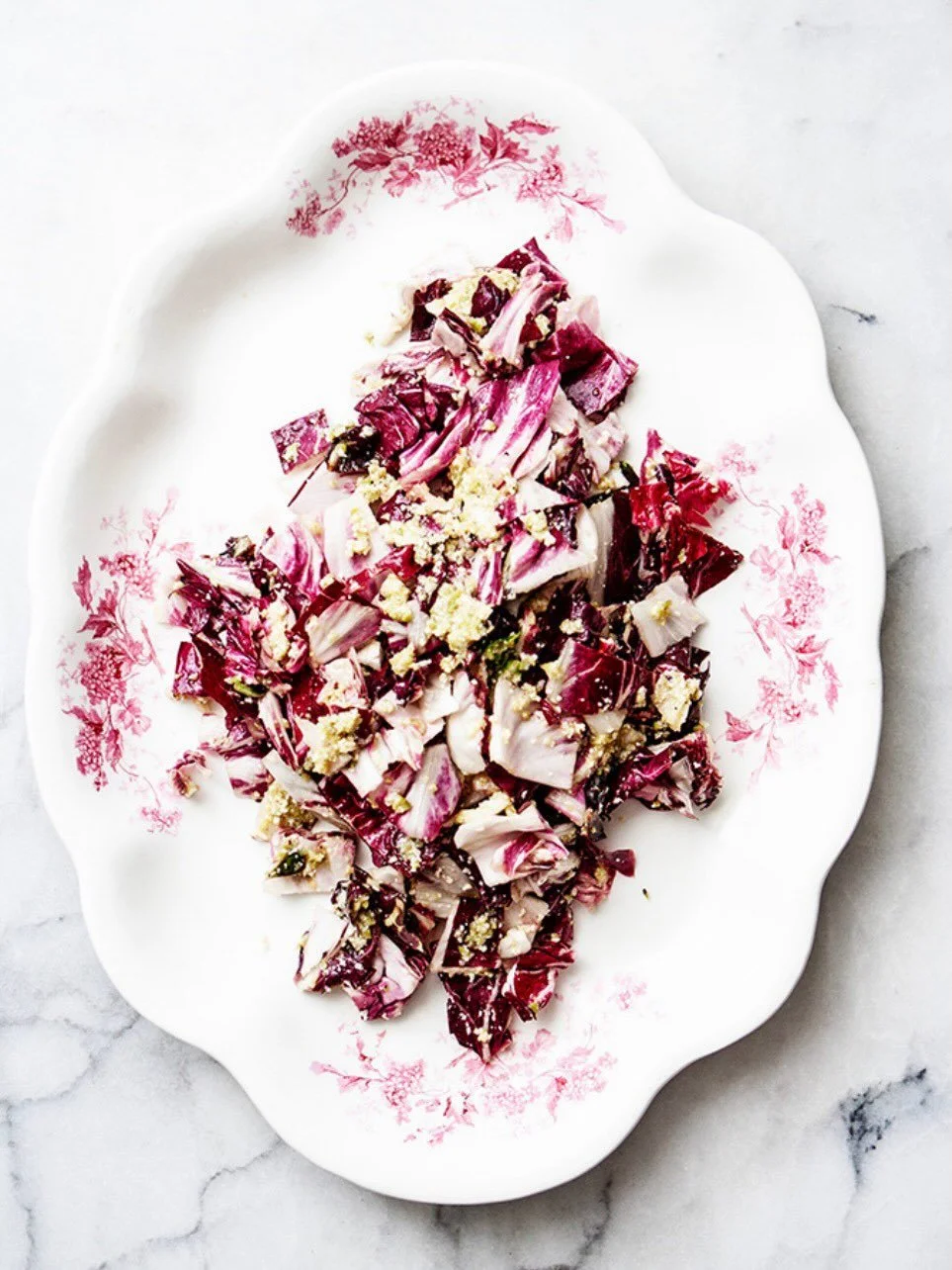 BEAUTIFUL FOOD BY DESIGN | Radicchio Salad with Green Olive Dressing. The tartness of the Italian Radiccio is softened by a creamy green Castelvetranos olive dressing along with the saltiness of Parmeasan cheese- Radicchio Salad with Green Olive Dres