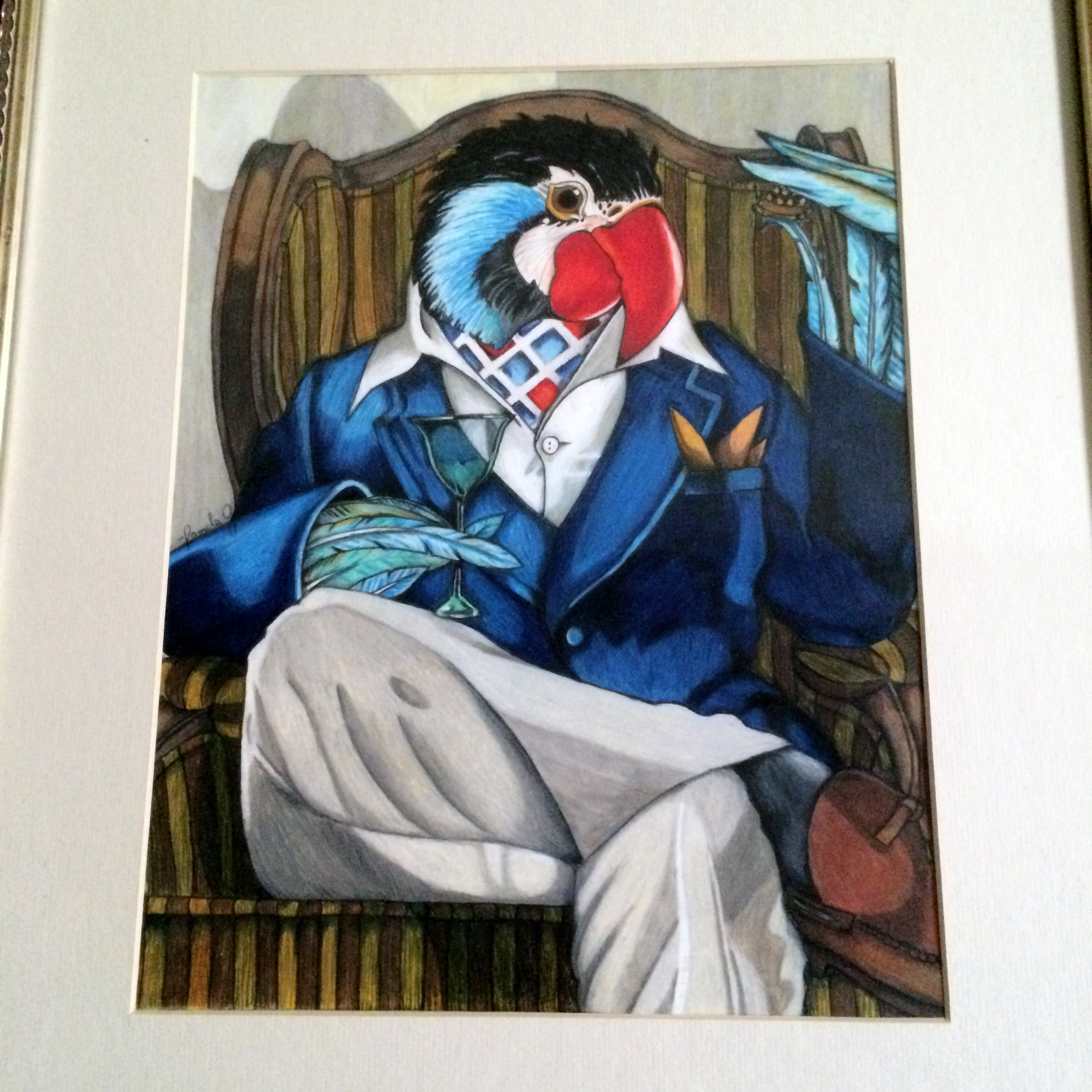 "Polly Want a Cocktail? " 14"x17" Colored Pencil. 2005.