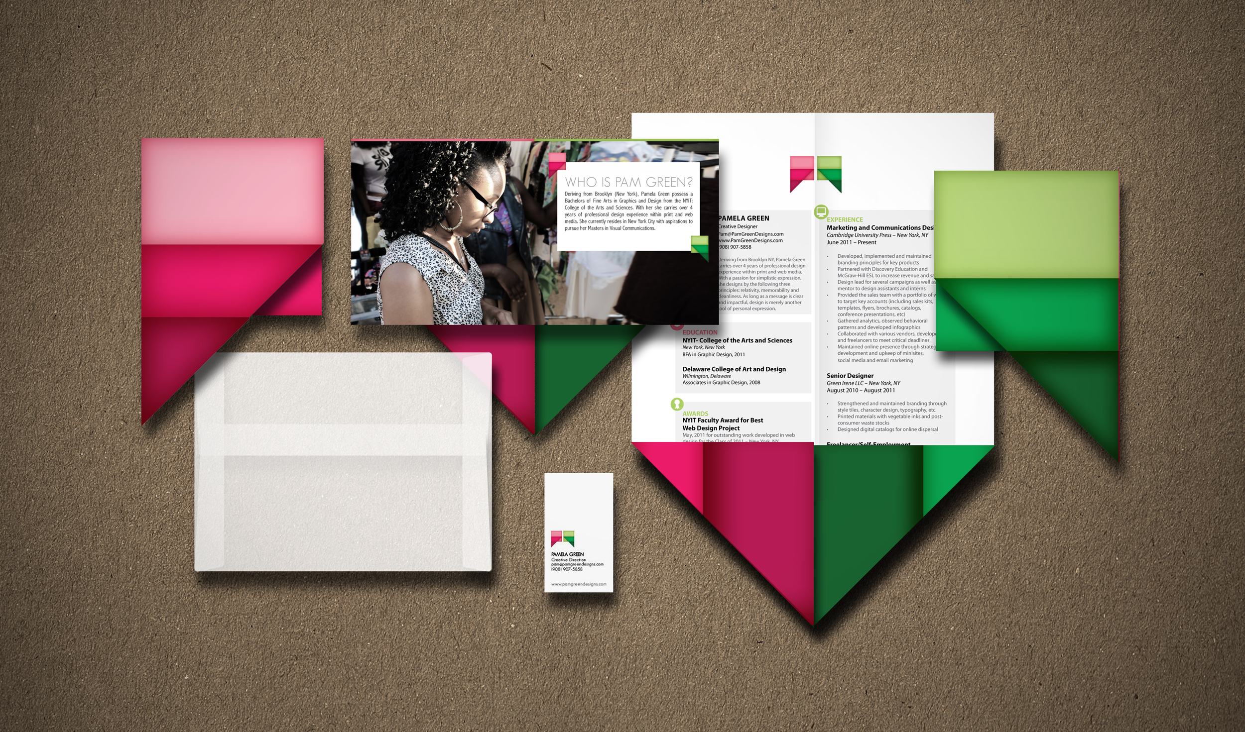 Applied the typeface to printed documentation. In using the initials P and G , further expansion of the artists brand is reflected. With a simple folding technique, the typography was applied to documents such as cover letters and resumes. 
