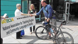 Sheila welcomes Sam Shepherd who raised funds for the Trust through a sponsored cycle ride to the NATECLA Conference 2013 in Sheffield.