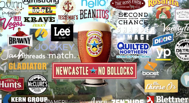 Newcastle Brown Ale’s “Band of Brands” spot crams 37 brands into the first crowdfunded, regional Super Bowl ad