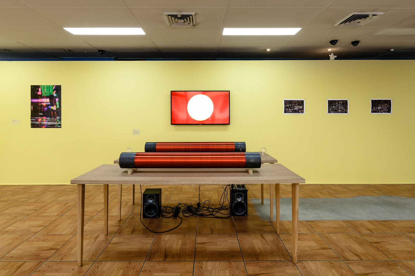   10 Degrees Hotter , 2019, installation view, left to right: Serwah Attafuah,  10 DEGREES HOTTER, 10 MINUTES INTO THE FUTURE,  2019 ,  Haines &amp; Hinterding,  EarthStar , 2008, Hyun Lee,  Untitled 1, 2 &amp; 3,  2013 
