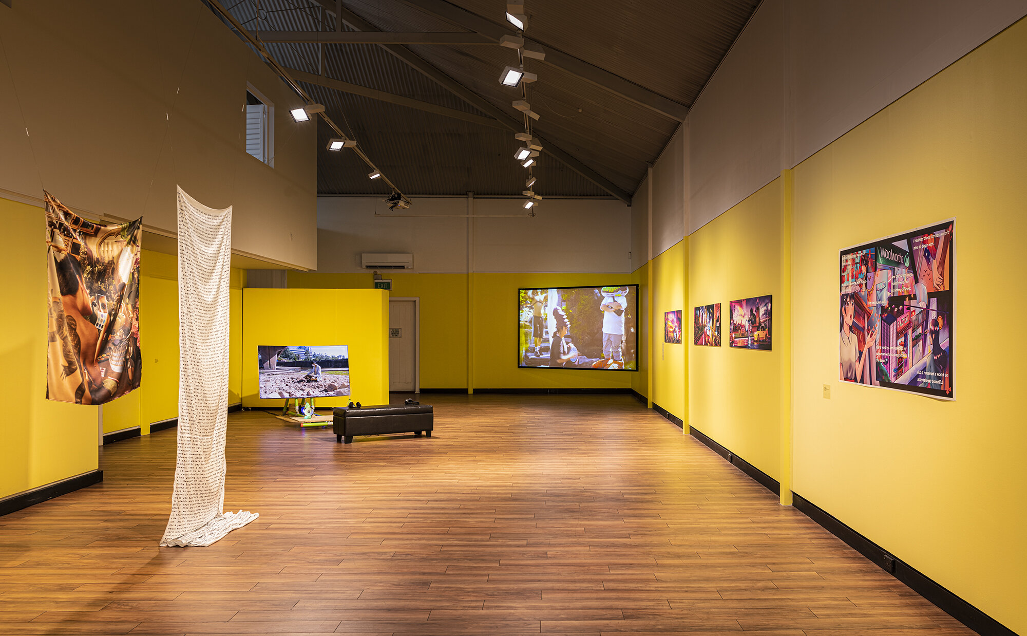   Here: After,  2021, installation view, left to right: Jazz Money ,   Bub, Listen Up,  2021, Kalanjay Dhir,  Immersion: Parra River Patch , 2021, Justine Youssef &amp; Leila el Rayes ,   Say Swear,  2019, Serwah Attafuah,  Daybreak on Candy Paint (M