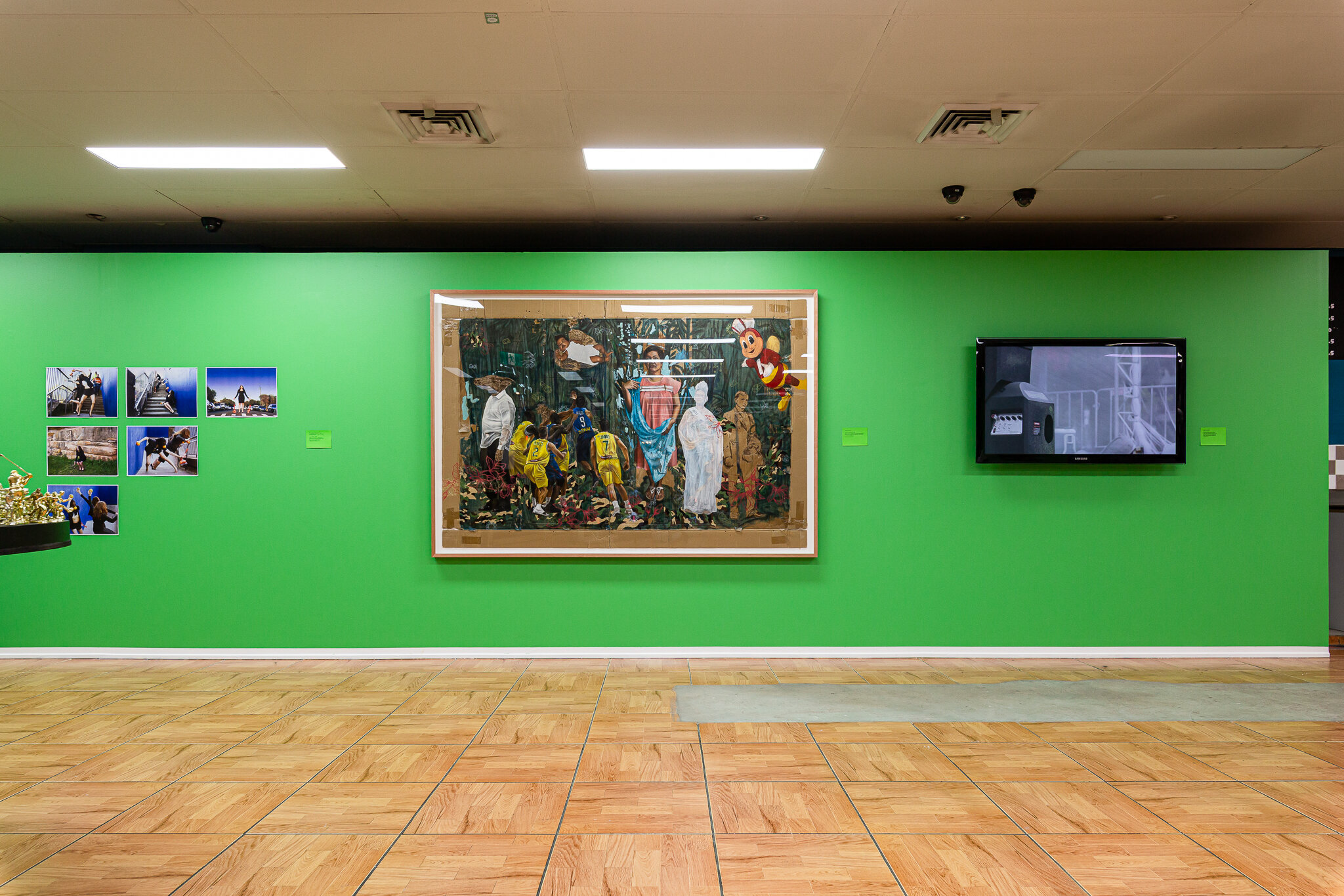   Sports Show,  2020, installation view, left to right: Marian Abboud &amp; Vicki Van Hout in collaboration with Tania Abbi-Assaf and Susan Abboud, ريصع  (Juice),  2020, Marikit Santiago,  Tagsibol/Tagsabong,  2018, Cigdem Aydemir,  The New National 