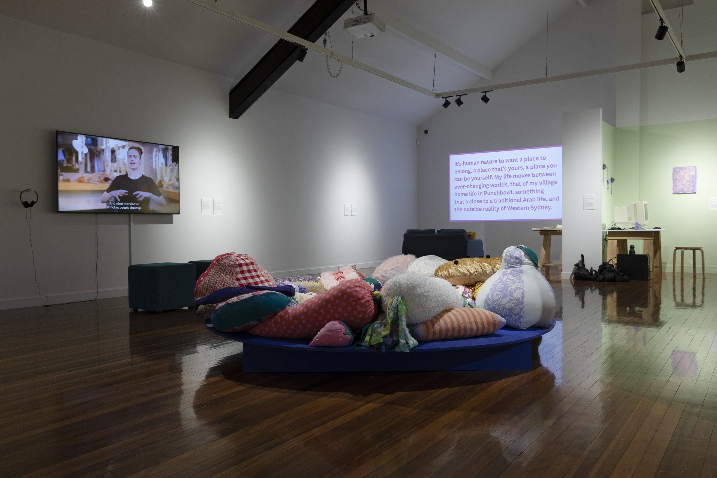   Constellations , 2023, installation view, left to right: Dance Makers Collective,  Big Dance – 10 years of DMC , 2023; Amy Claire Mills,  Isolation isn’t comfortable,  2022, part of Pari,  Asterism ; Finishing School,  Passages , 2023. Image by Sil