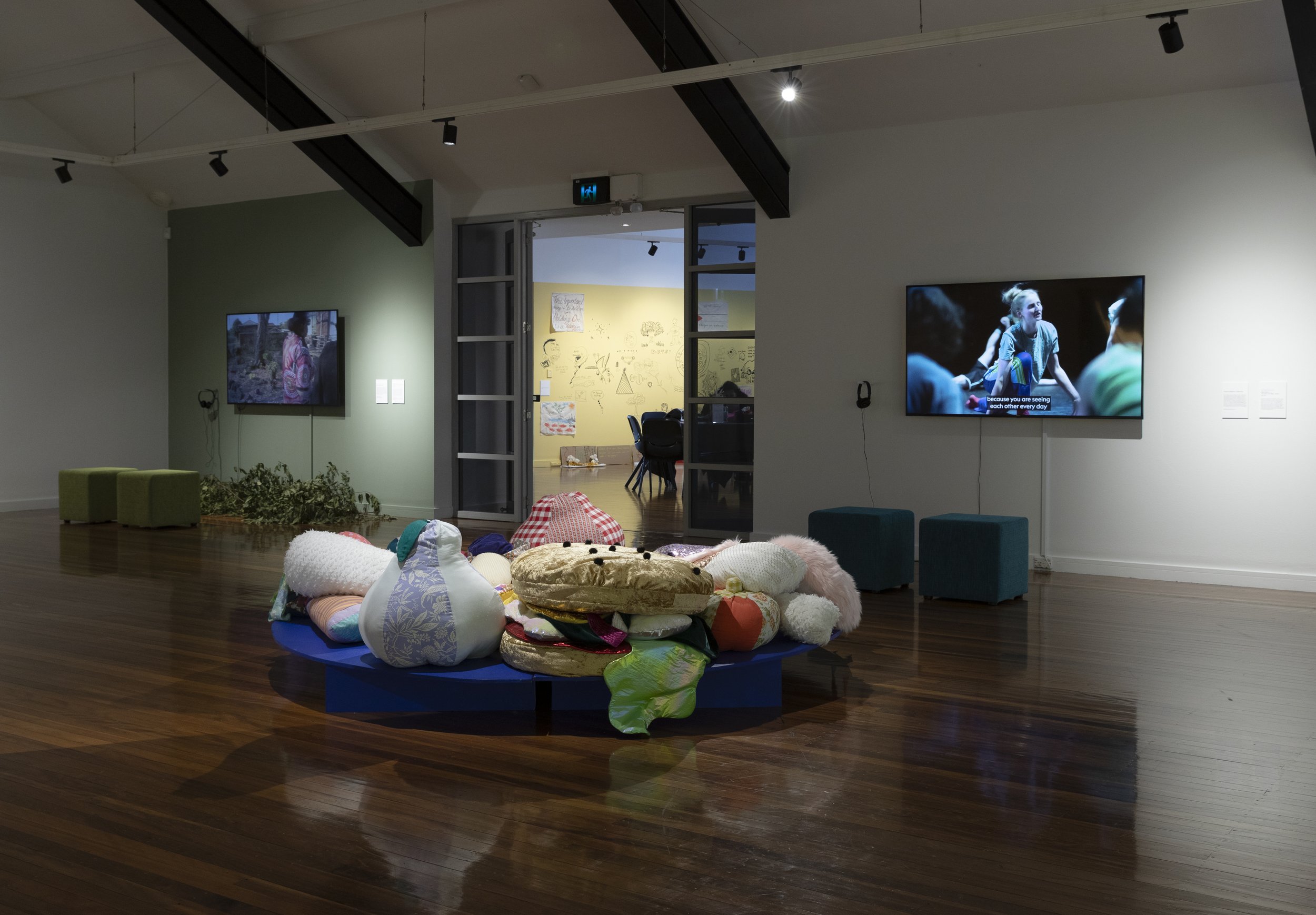   Constellations , 2023, installation view, left to right: Arab Theatre Studio (ATS),  On Country with Aunty,  2023; Amy Claire Mills,  Isolation isn’t comfortable,  2022, part of Pari,  Asterism ; Dance Makers Collective,  Big Dance – 10 years of DM