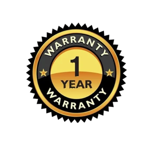 A circular One Year Warranty badge