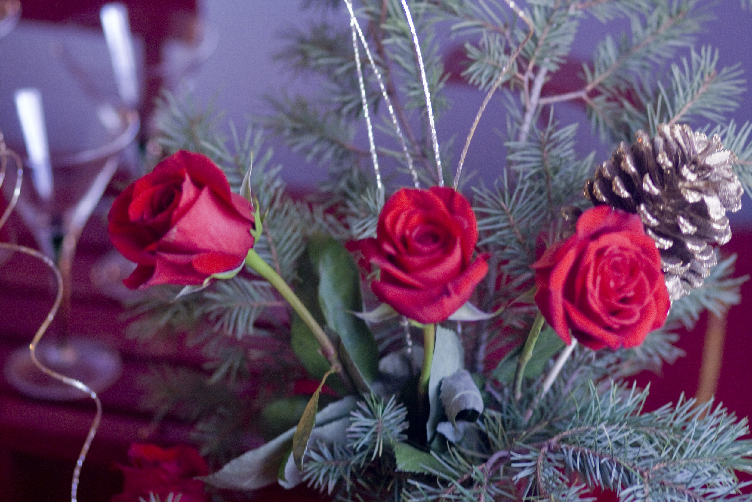 Simple rose and tree branch bouquet