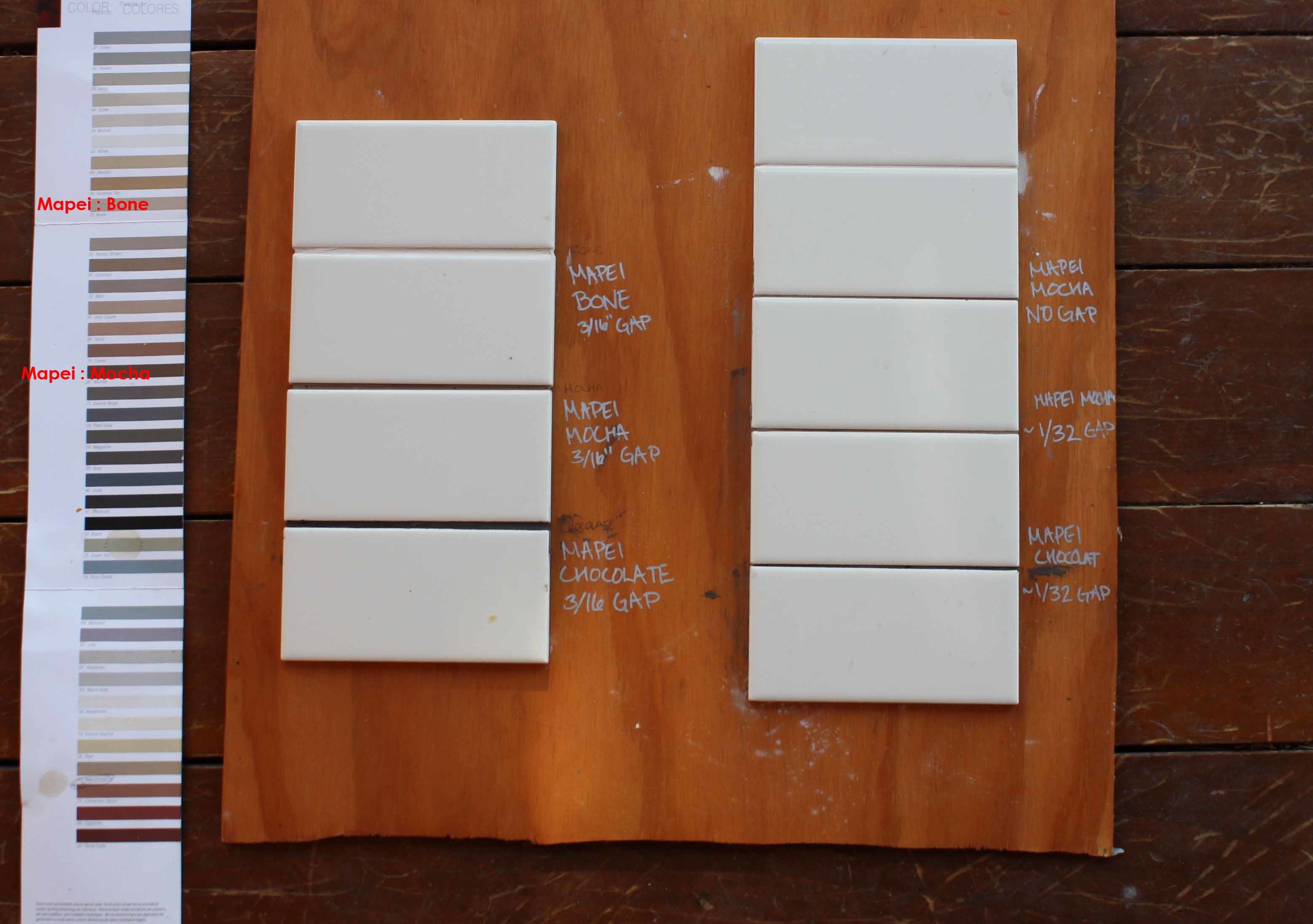Okay so I went a little crazy testing grouts but I am so glad I did! The Mapei Bone grout is way lighter than the color chart said it would be. Dark grouts are great for floors because they hide dirt. But - we decided to go with the light grout because A) it is on the wall so won't get dirty as easily, and B) a dark grout would create long, crazy contrasty-busy-looking patterns. We have a alley kitchen, so we don't need anything making it feeling longer or narrower... Also, we found that the thinner grout lines seemed crisper and cleaner. There were no spacers used when installing the back splash (the almond-colored subway tiles have a little bump on the edges so there still is about a 1/32" gap).