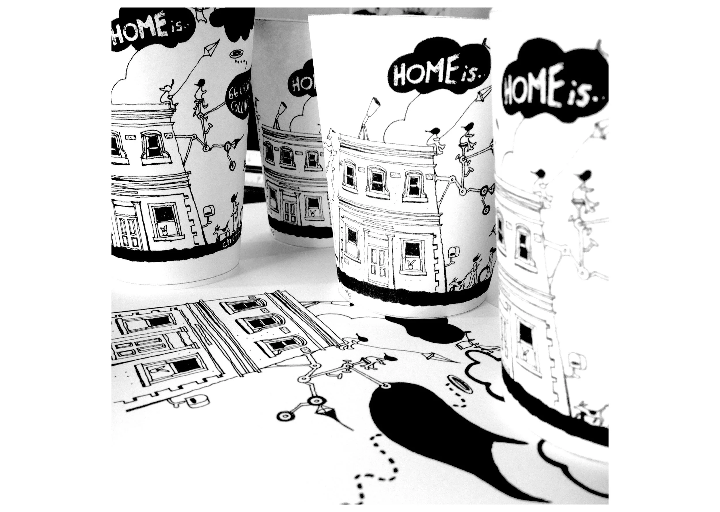  Drawing for “Home Is” applied to coffee cups 