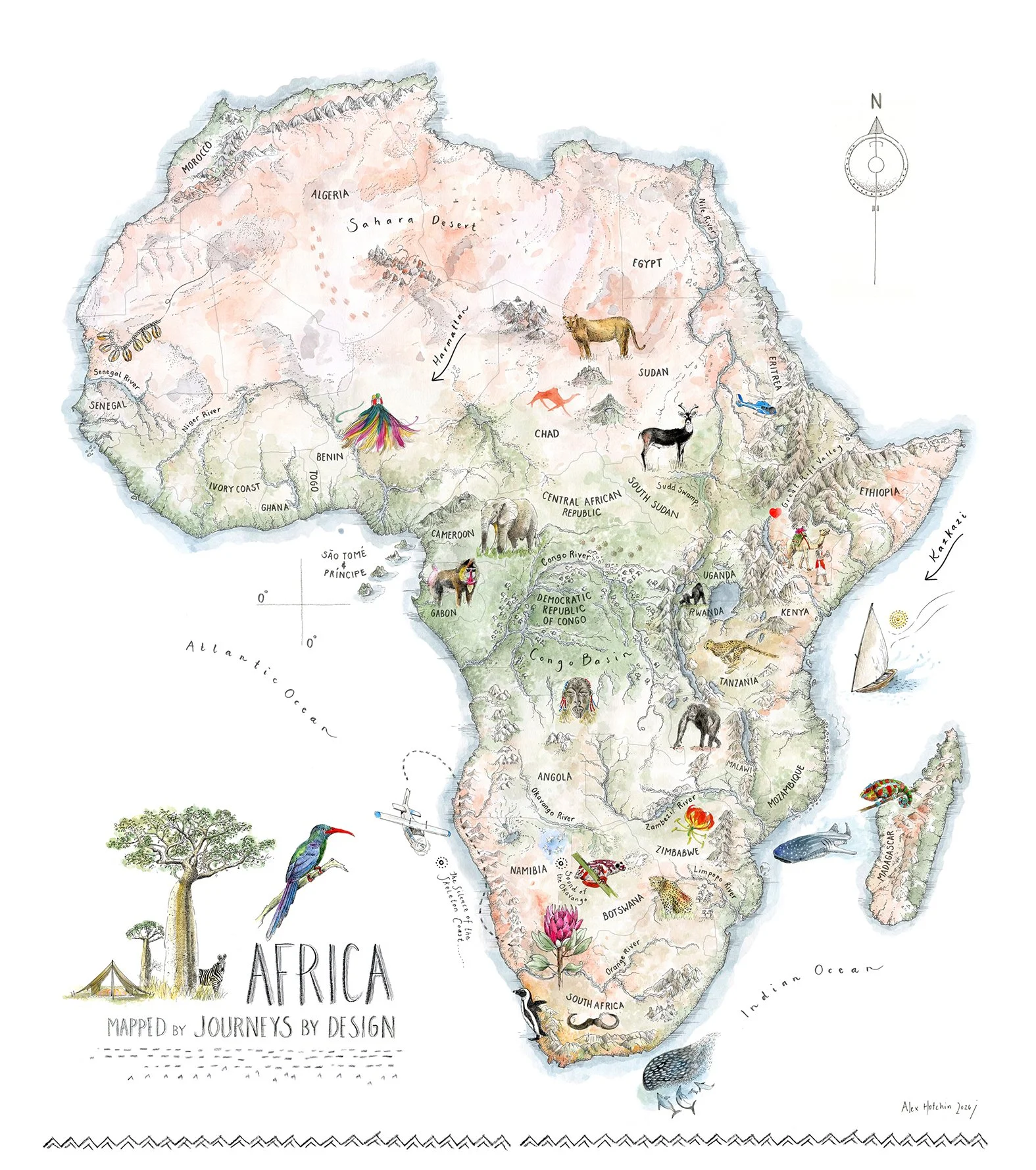 AFRICA - Mapped by Journeys of Design Africa and its curves, bumps, scarred lines, depressions and shifting landscapes, and a scattering of some magical sights and sounds you may meet in this beautiful land. Commissioned by Journeys By Design