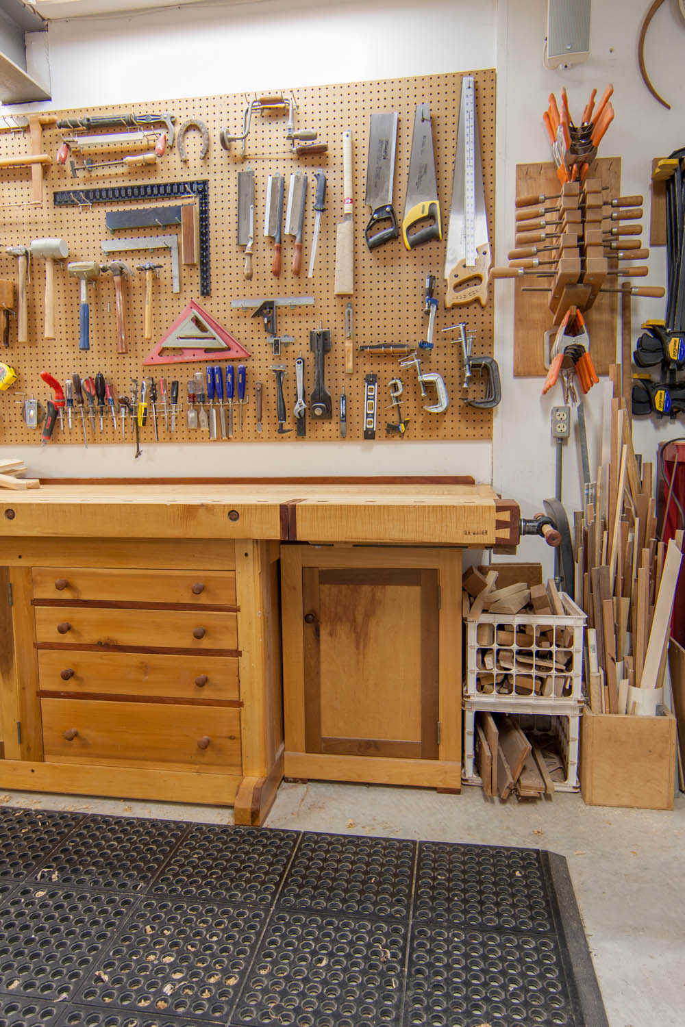 Main workbench, clamp storage