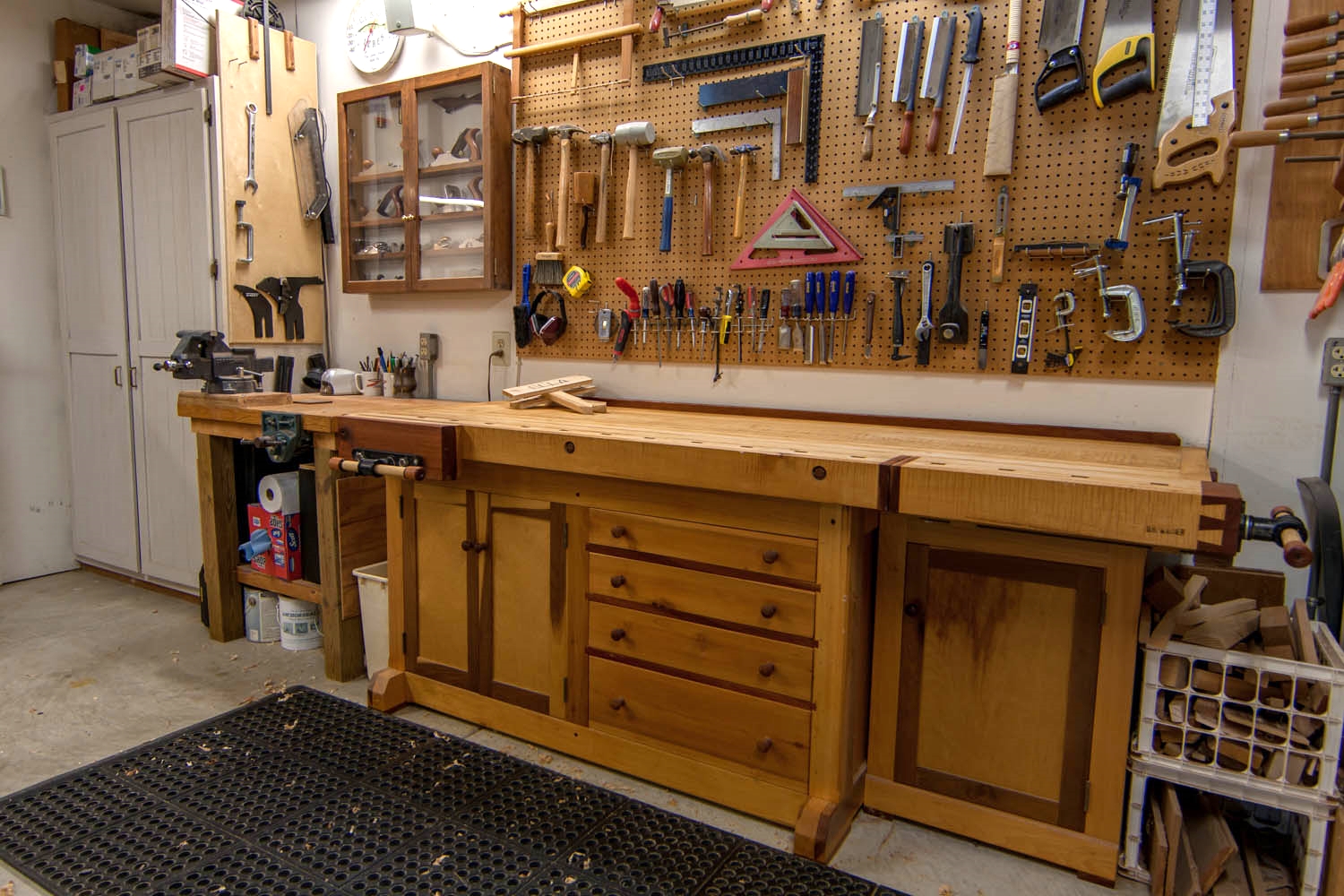 From left: workbench 3, North hand plane cabinet, main workbench