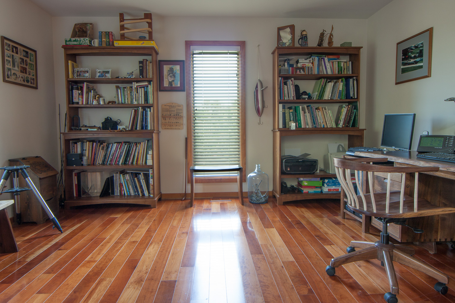 Office, from left; Walnut bookcase, Dovetailed Bench, Maple with Walnut, Walnut bookcase, Desk Chair, Walnut and Maple