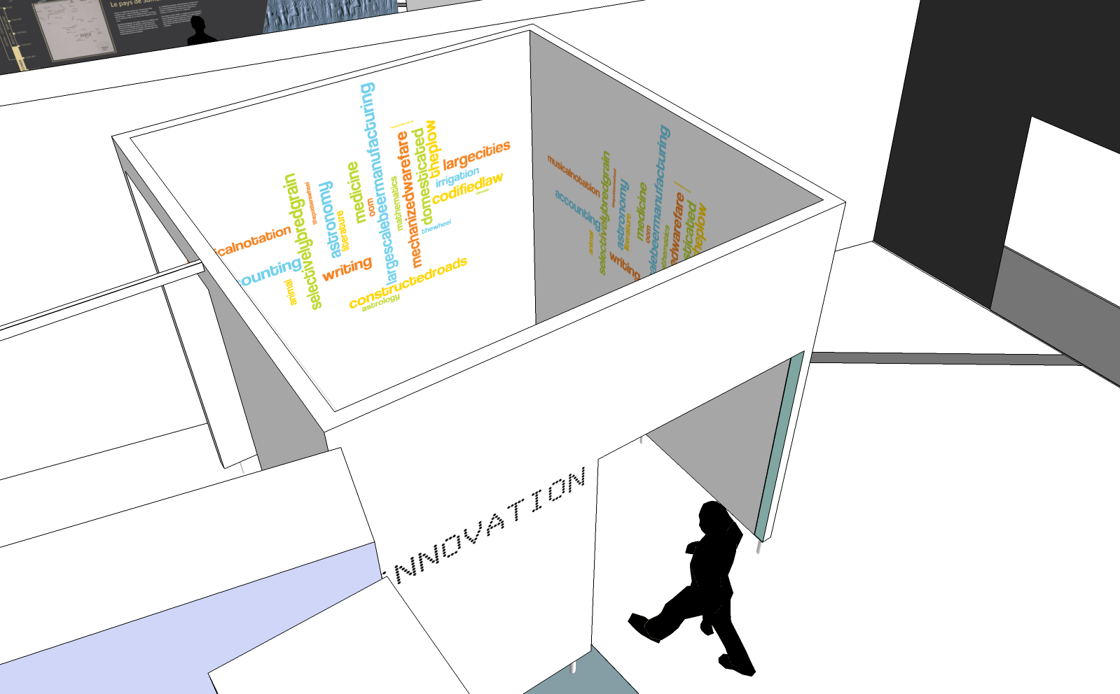   Spiral Bloom :&nbsp;Projection&nbsp;of animated looping text within 12’x12’ cube at entrance area to exhibit, providing a dynamic introduction to pivotal developments from Mesopotamian civilization (as part of the  Mesopotamia: Inventing our World 