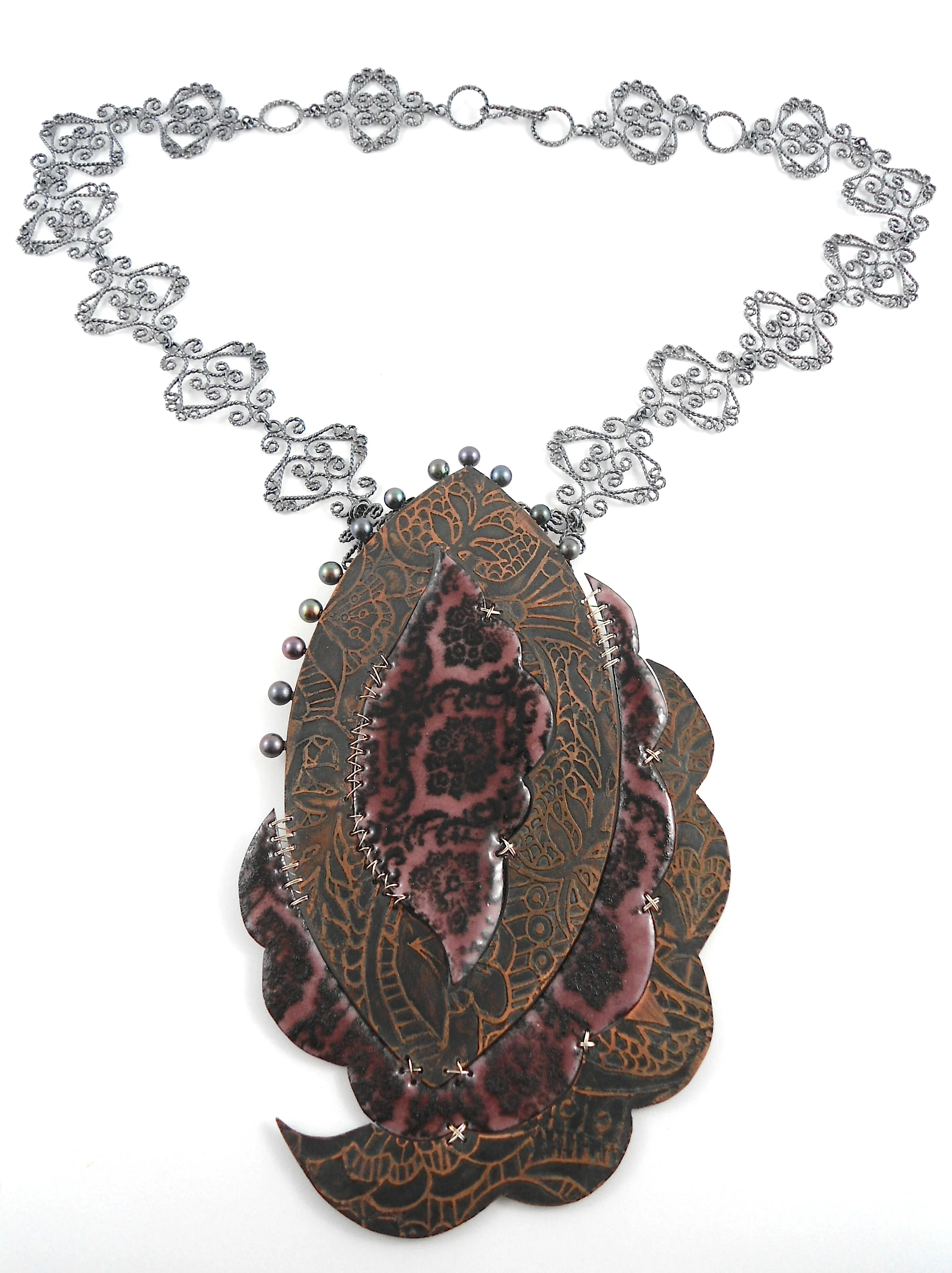 "Melancholy Necklace" copper, oxidized sterling silver, vitreous enamels, fine silver, freshwater pearls. 